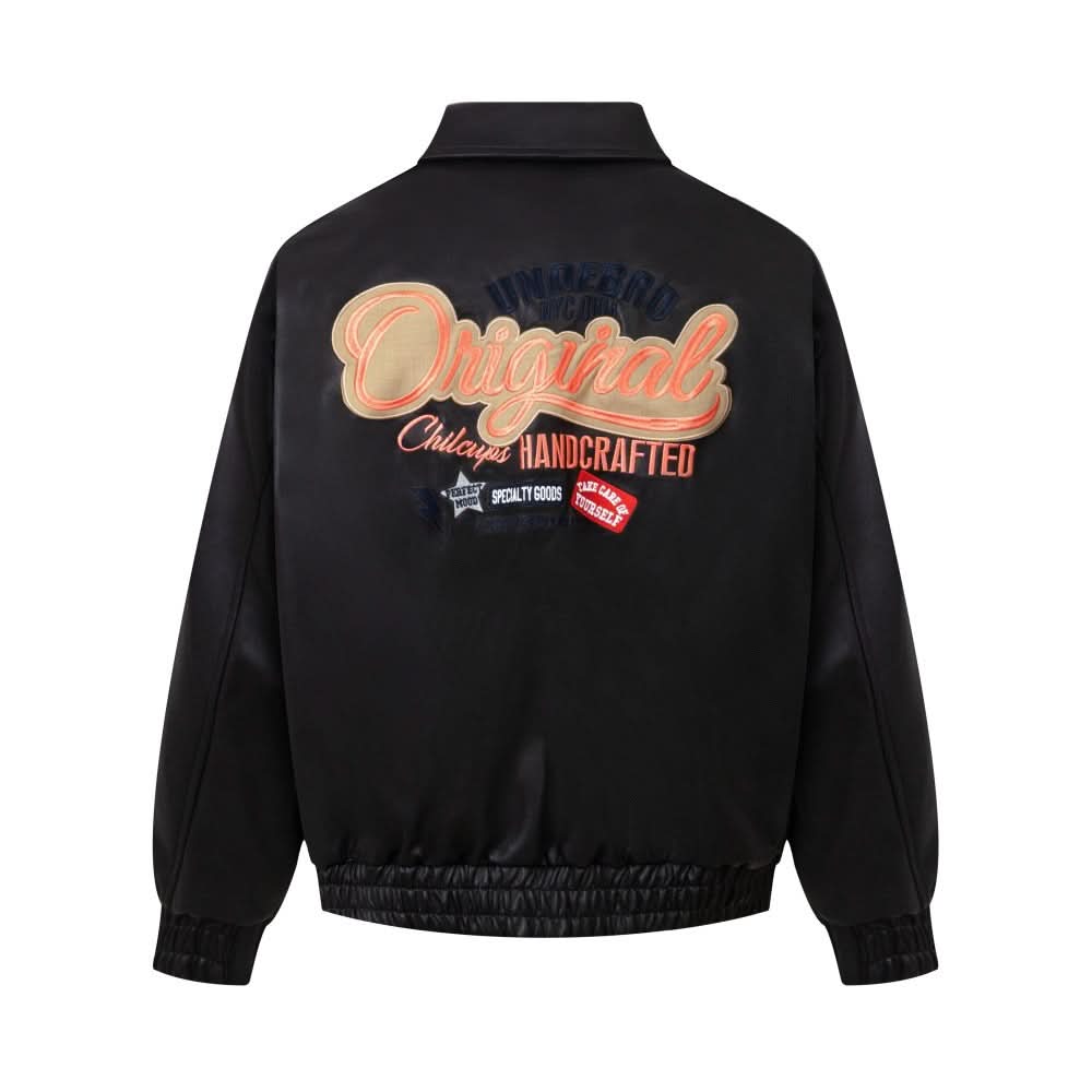 Embroidered collar leather jacket