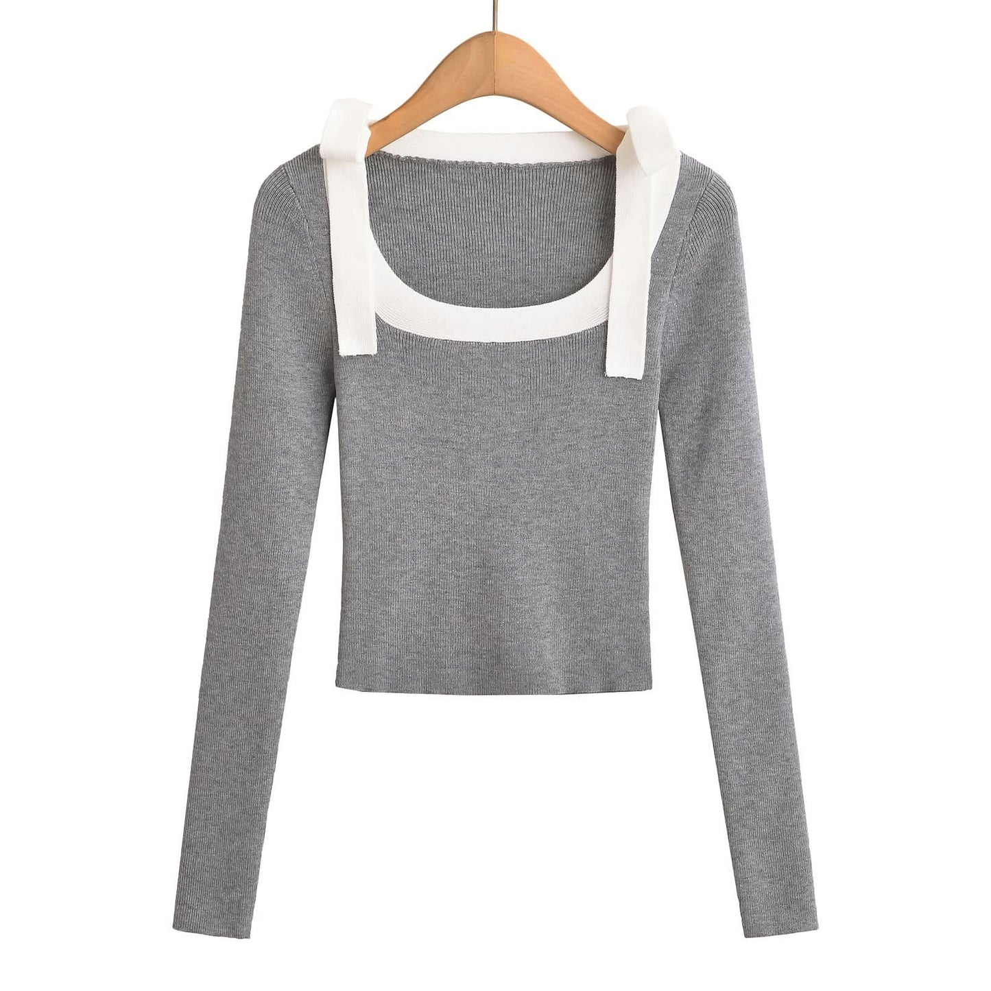 Square neck slim fit butterfly bow ribbon sweater