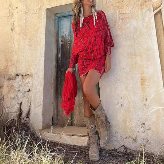 Chic One-Shoulder Batwing Sleeve Printed Bodycon Dress Tie-Dye Mini Skirt