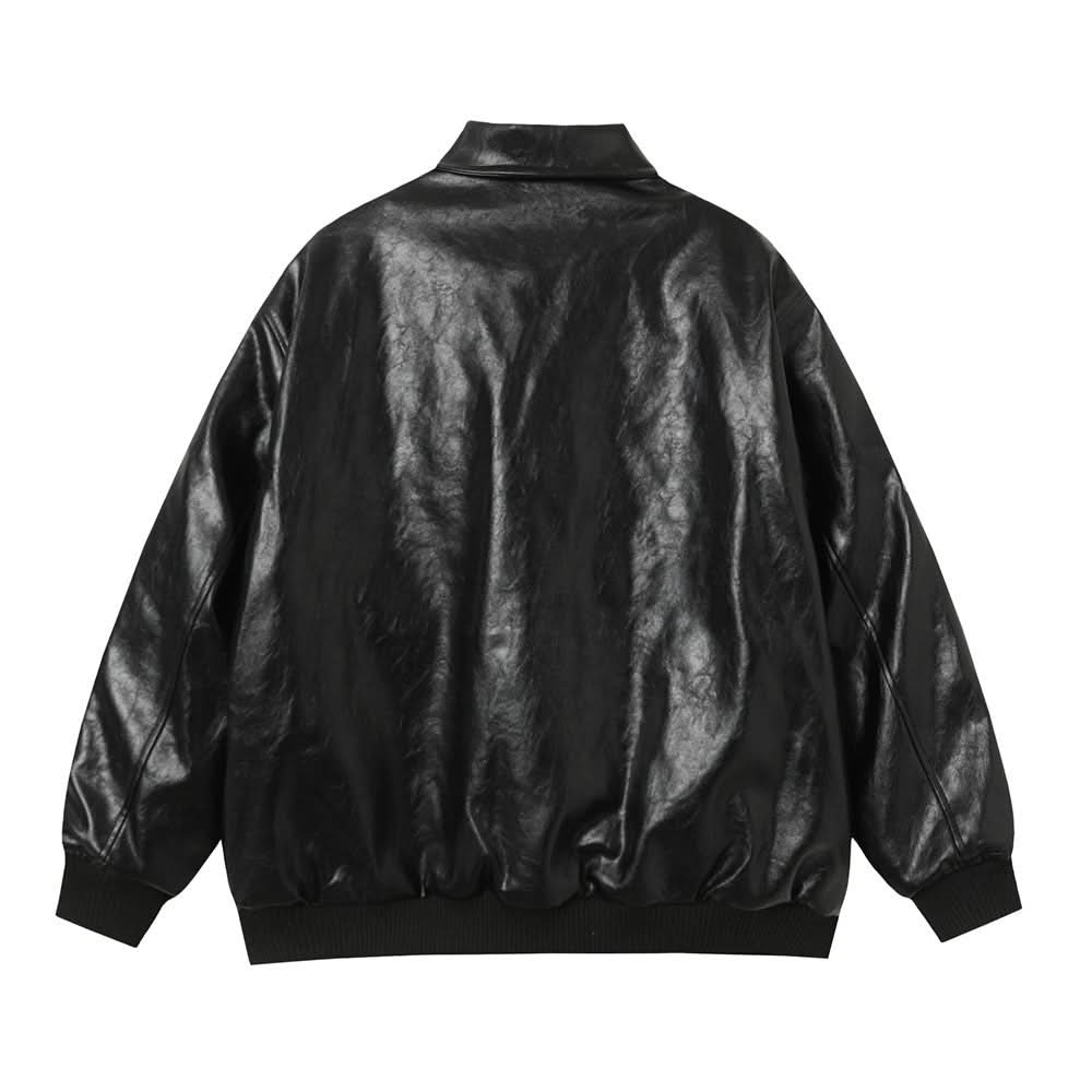 Bestickte kreative Cartoon-Lederjacke mit lockerem Kragen