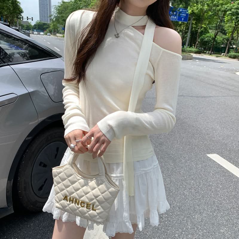 Damen Schnür-Schmetterling Ärmelloses Langarm-T-Shirt, Leichtes Chiffon-Design, Elegantes und figurbetontes Oberteil