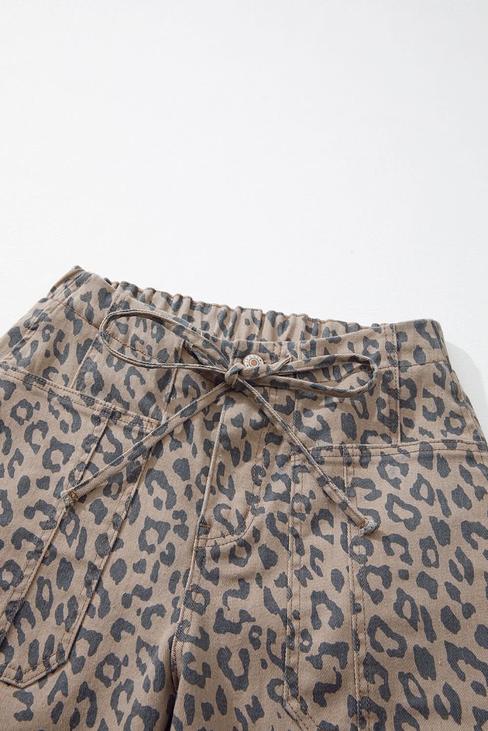 Khakifarbene Leopardenmuster Barrel-Jeans mit Kordelzug und elastischem Bund mit Taschen