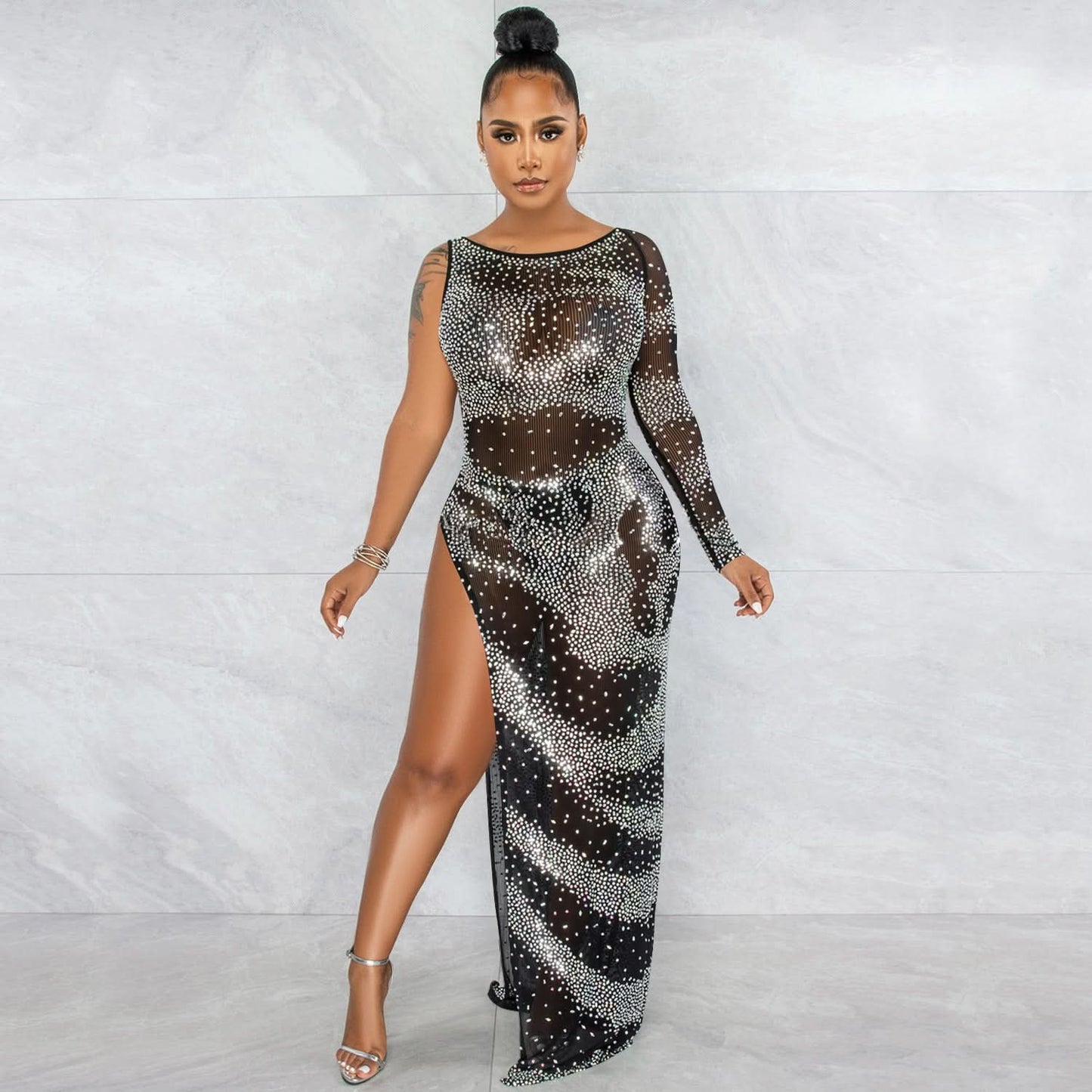 Fashion Sexy Nachtclub Strass Einarm Langarm Unregelmäßiger Schlitz Maxikleid