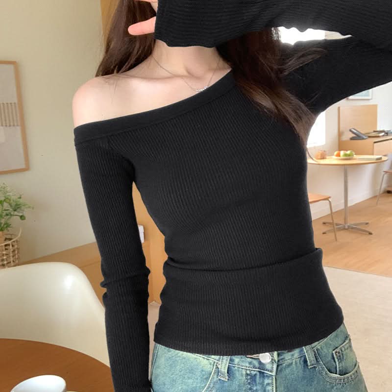 Irreguläres, tailliertes schulterfreies schwarzes Langarm-T-Shirt für Damen, vielseitiges Strickoberteil