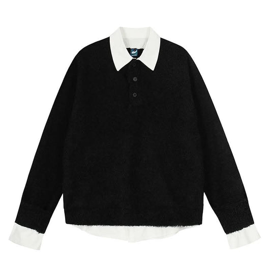 Sweater Women College Style Patchwork Polo Shirt Slim Fit Inner Layer Knit Top