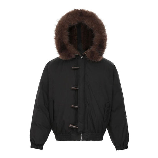 Cow horn buttoned fur collar hooded cotton jacket
