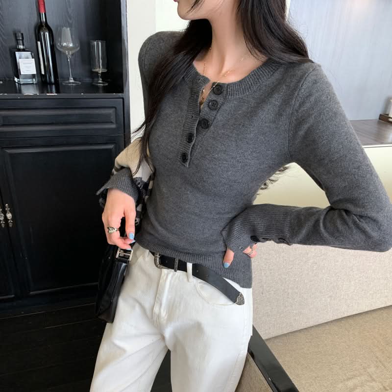 Damen Henley-Neck Strickpullover, schmal geschnittenes Langarm-Oberteil