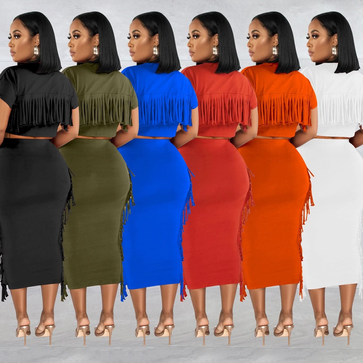 FashionableStyle Einfarbig Fransen Rundhals Kurzarm Langes Kleid Zweiteiliges Set