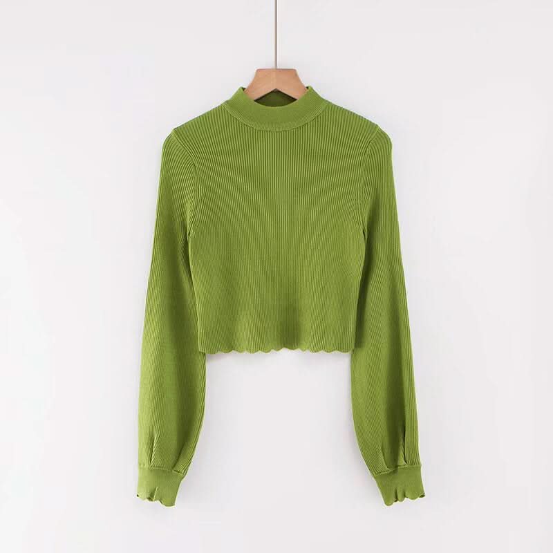 Long sleeved half high neck lotus leaf sweater