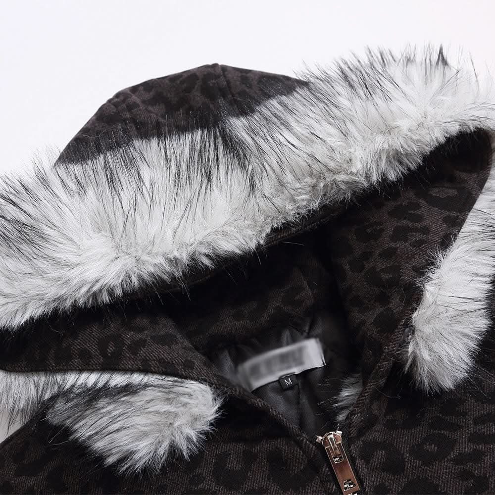 Mountain carving leopard print short hooded cotton jacket
