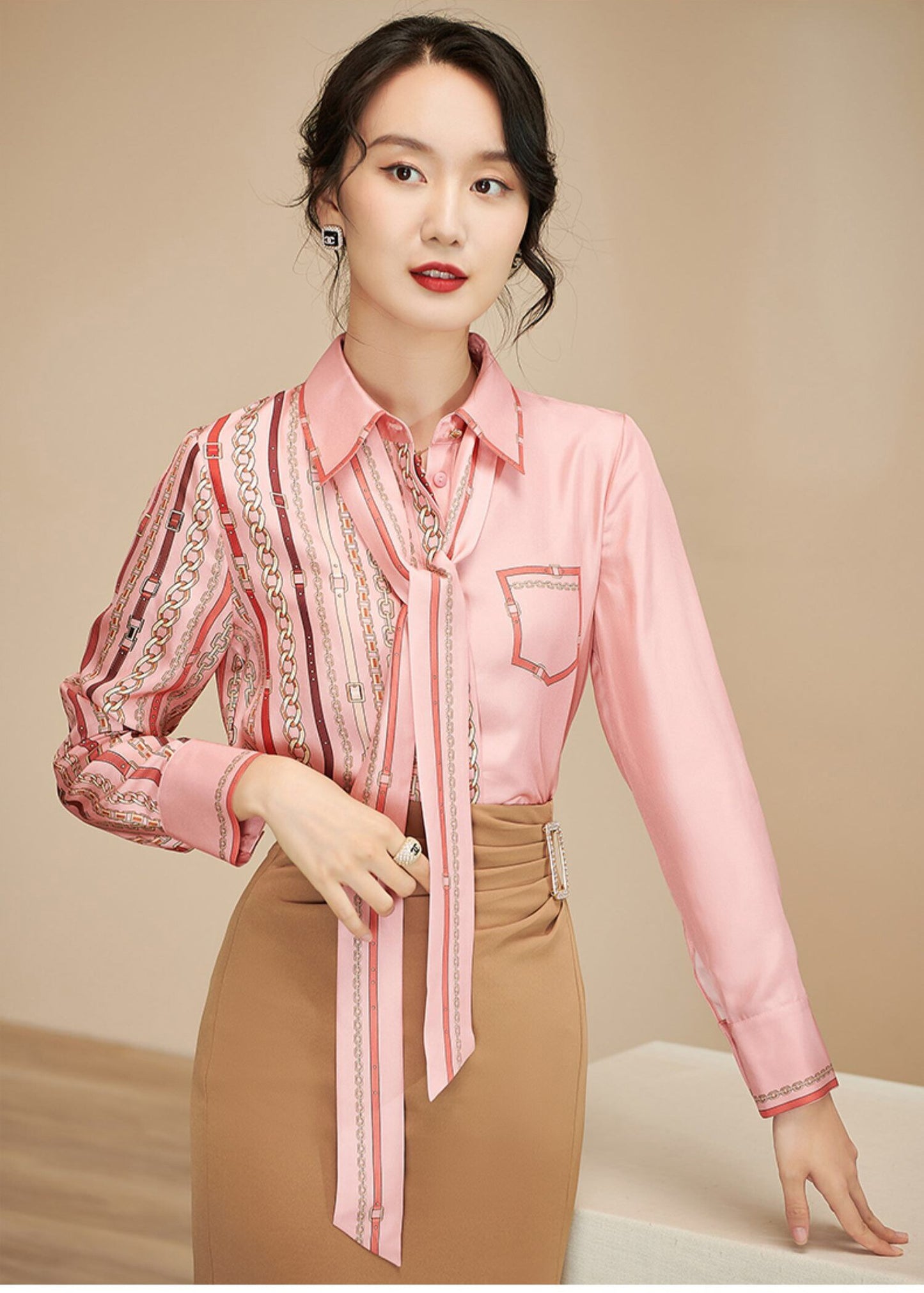 Puff Sleeve Pink Elegant Blouse Women Shirts Bow Chiffon Shirt Autumn Slim Office Blusas Loose Size 3XL