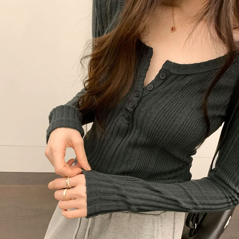Retro U-Neck Slim Fit Long Sleeve T-Shirt Women's Ribbed Short Length Versatile Knit Top
