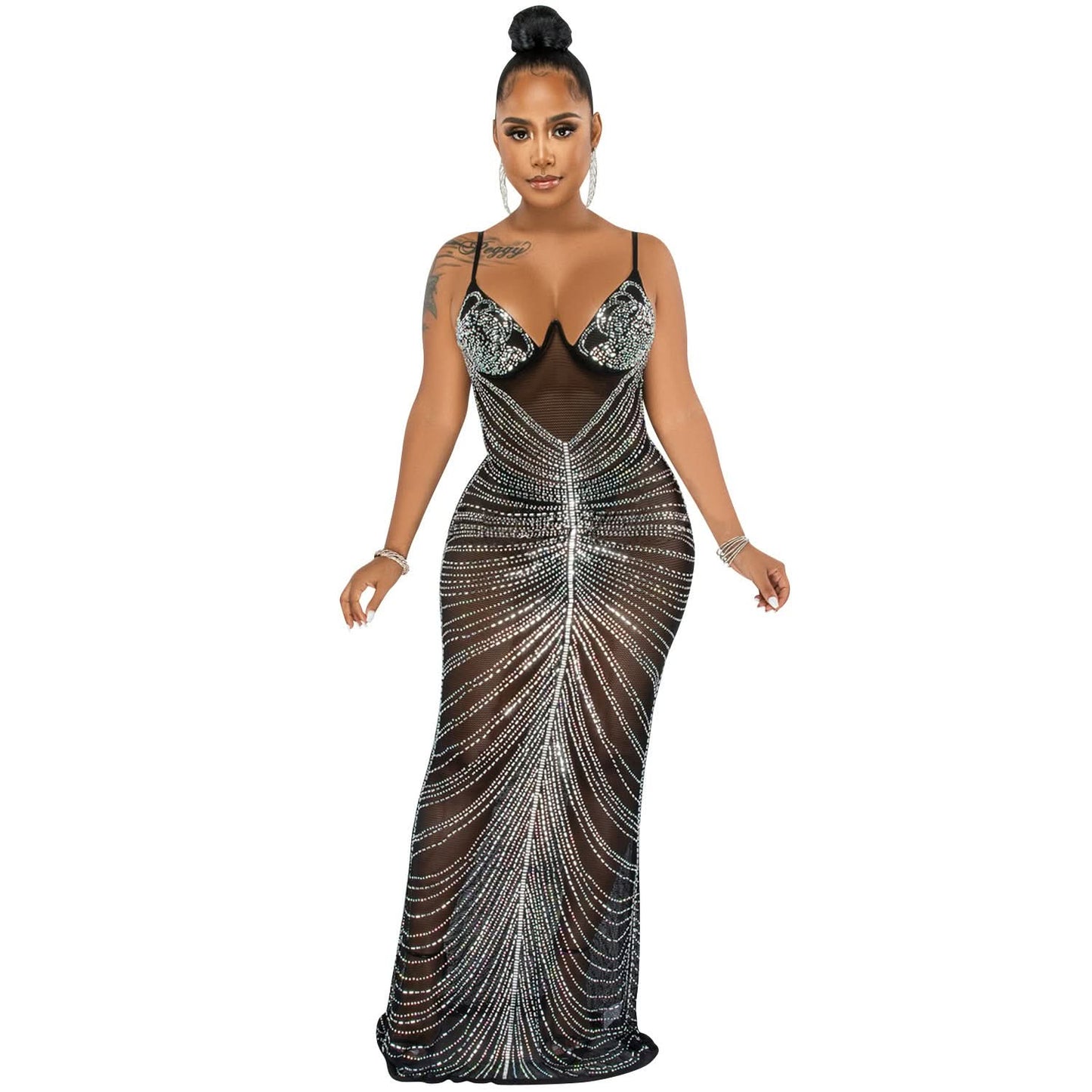 Fashion Sexy Beaded Strapless Sheer Mesh Long Dress