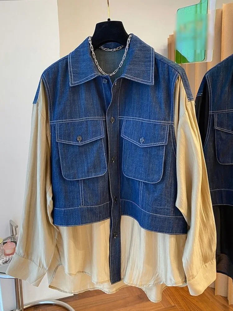 Denim Spliced Shirt For Women Fake Two-piece Contrast Big Size Fashion Long Sleeve Blusas  Autumn New Tide Female Top
