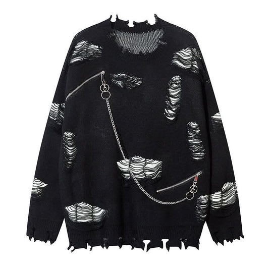 Knitted Sweater with Ripped Chain Splicing  Casual Couple's Loose Sweater