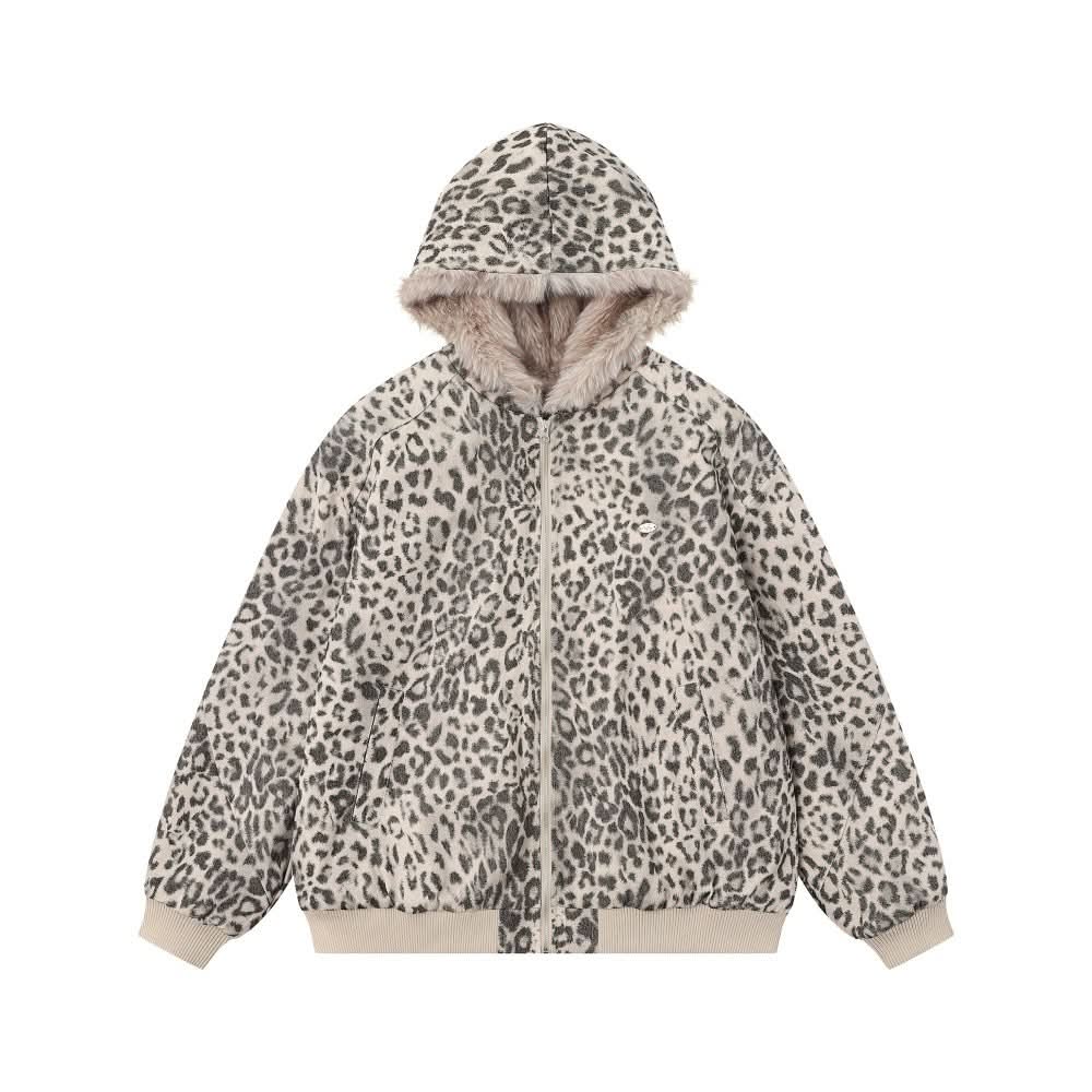Wool collar hooded leopard print cotton jacket