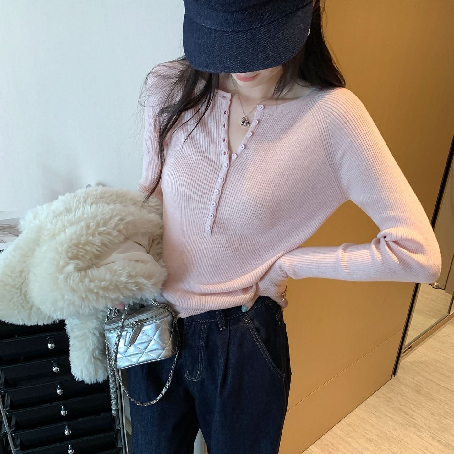 Henley-Shirt für Damen, Rosa, Strick, Slim Fit, elegantes Unterziehshirt