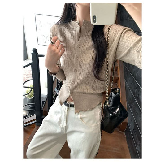 Preppy Style Hollow Out Pattern Round Neck Knit Cardigan Coat for Women