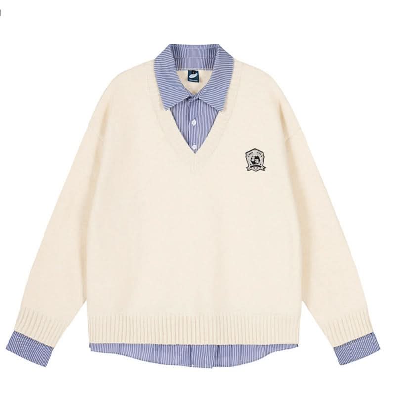 Plaid Spliced Mock Two-Piece Long Sleeve Knit Sweater Couple Women's Autumn
