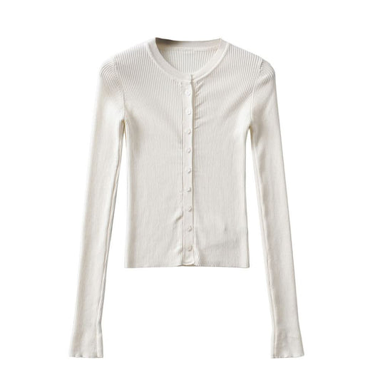 Round neck buckle long sleeved elastic slim fit top