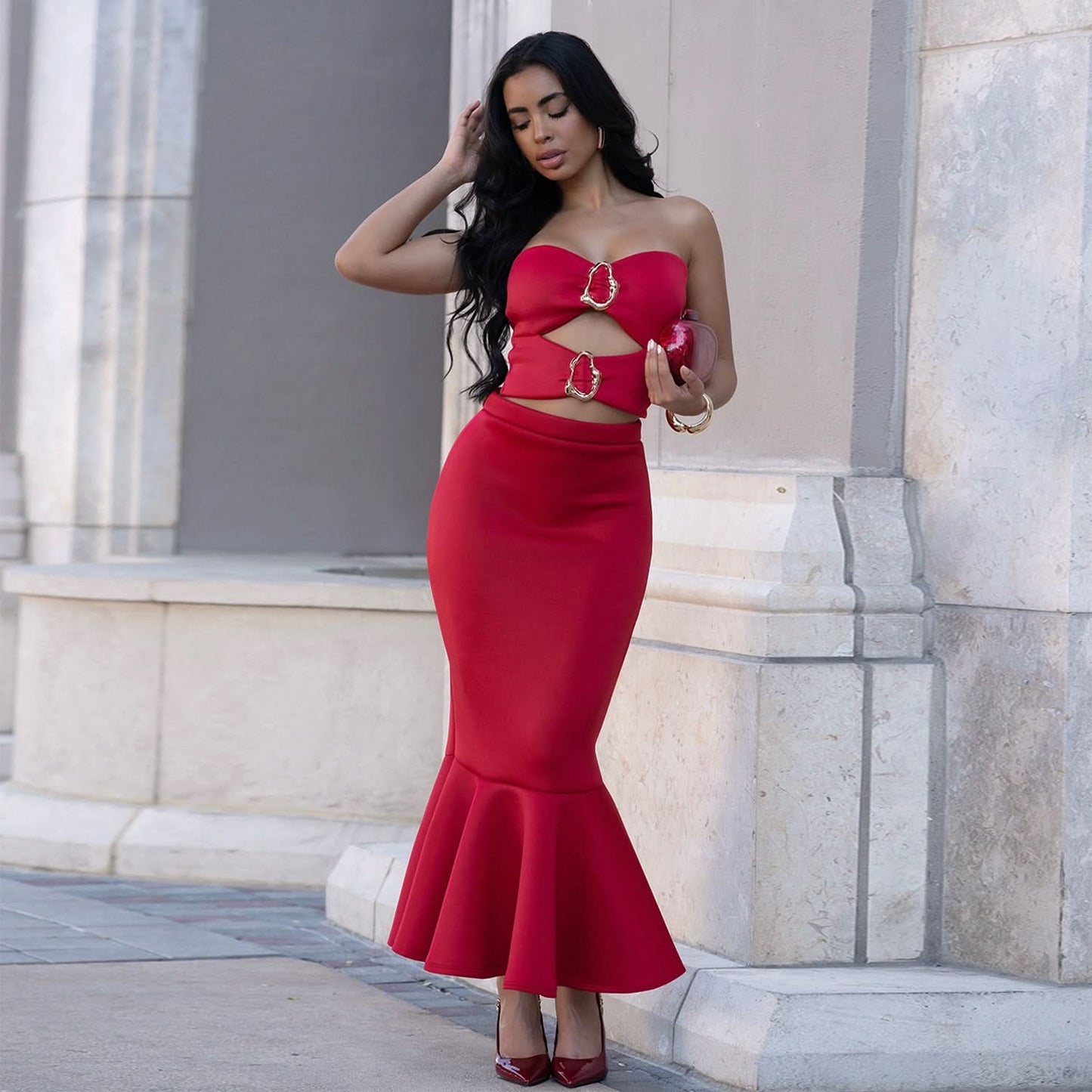 Damen Sexy Trägerloses Oberteil mit Spitzenbesatz und Bodycon Rock Set
