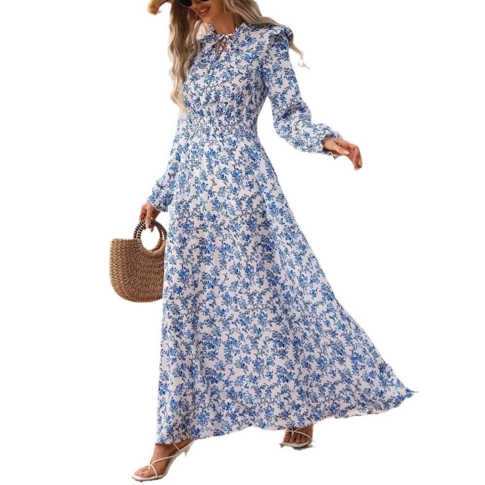 Elegant Women's Belted Long Sleeve Floral Print Dress, Fashion Casual Maxi Dress