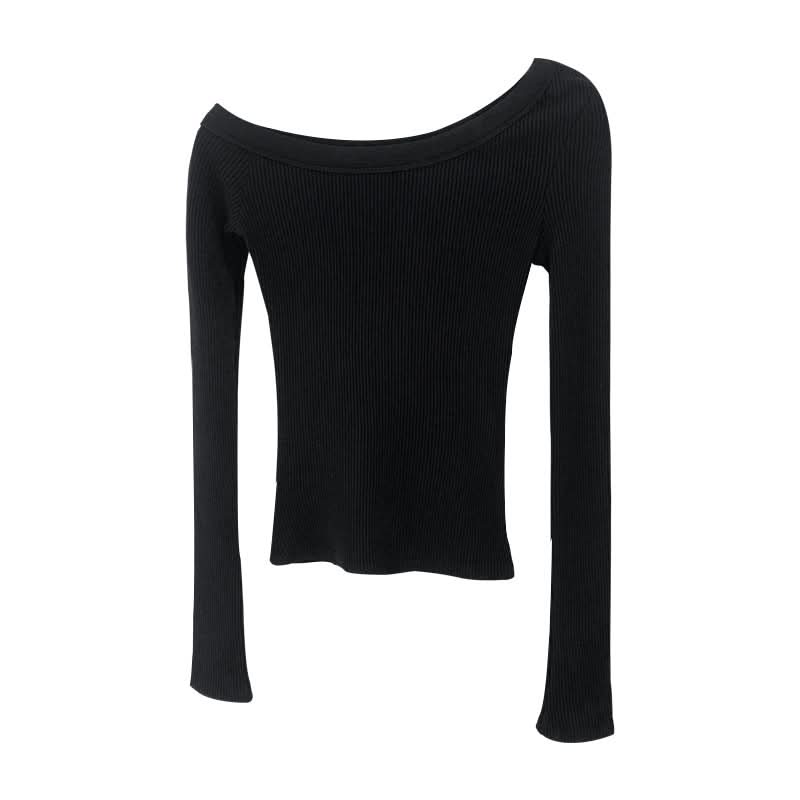 Irreguläres, tailliertes schulterfreies schwarzes Langarm-T-Shirt für Damen, vielseitiges Strickoberteil