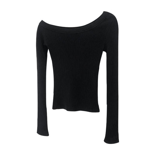 Irregular Slim-Fitting Shoulder-Baring Black Long Sleeve T-Shirt for Women, Versatile Knit Top