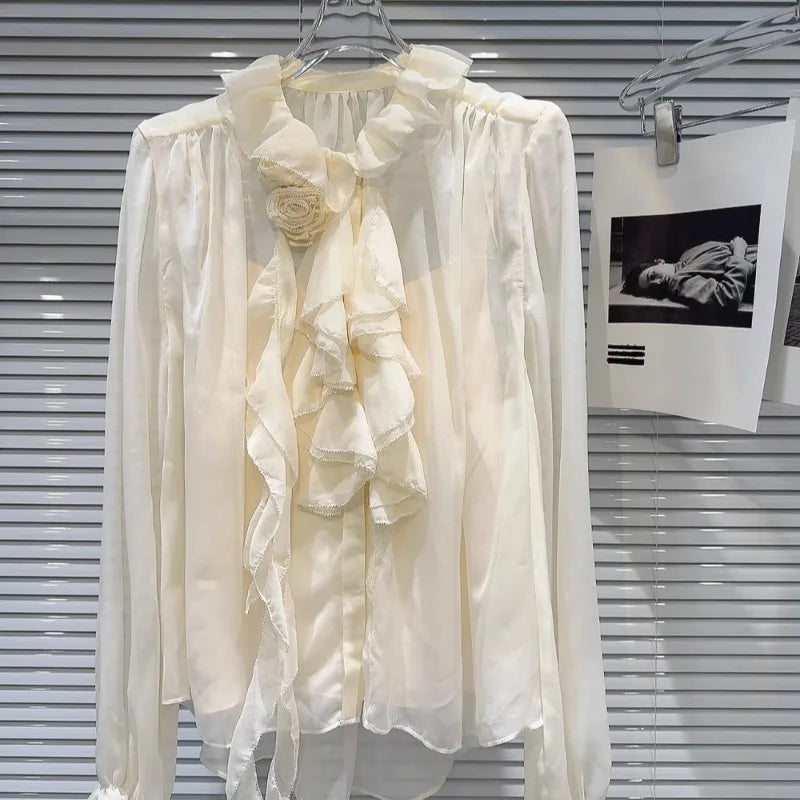 Autumn New Blusas Mujer Three-Dimensional Flower Pleated Lace Elegant Chiffon Blouse Solid Color Shirt For Women's Clothes