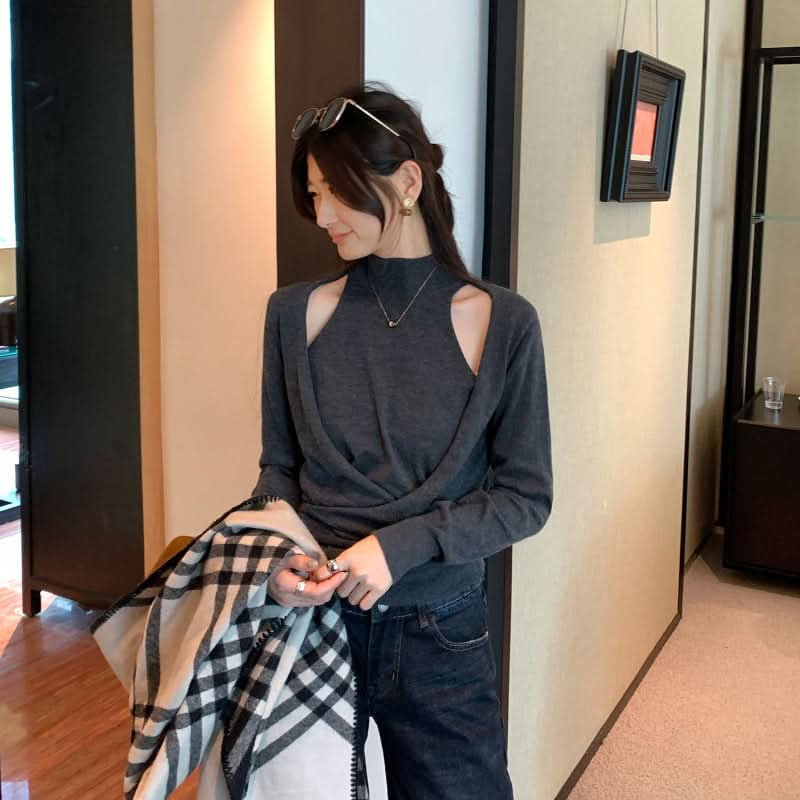 Mock Two-Piece Off-Shoulder Fitted Long Sleeve Wool Knit Top for Women