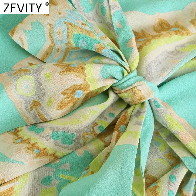 Zevity Women Vintage Totem Floral Print Bow Tied Sashes Kimono Smock Blouse Female Open Stitching Shirts Chic Blusas Tops LS9315