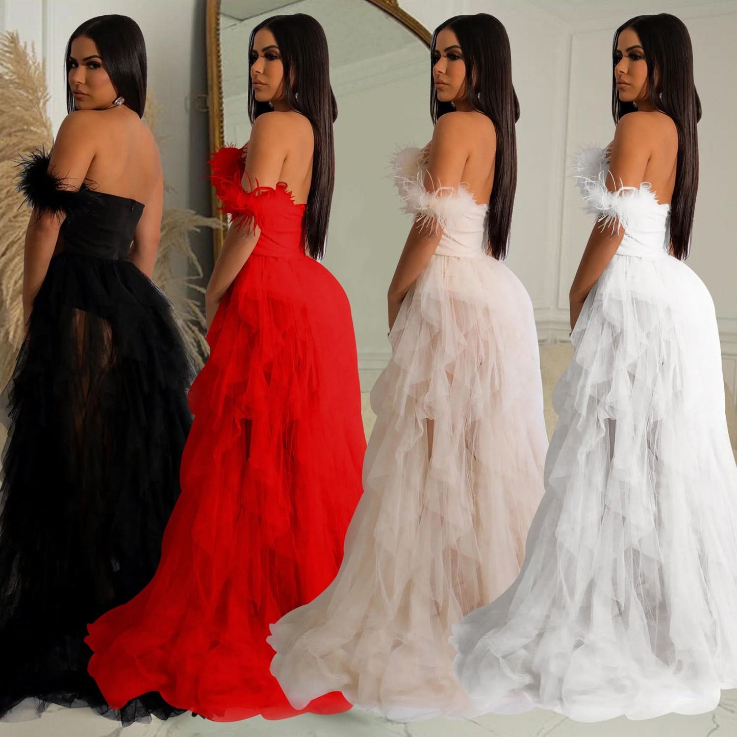Fashion Women's Solid Color Sleeveless Bustier Mesh Long Dress