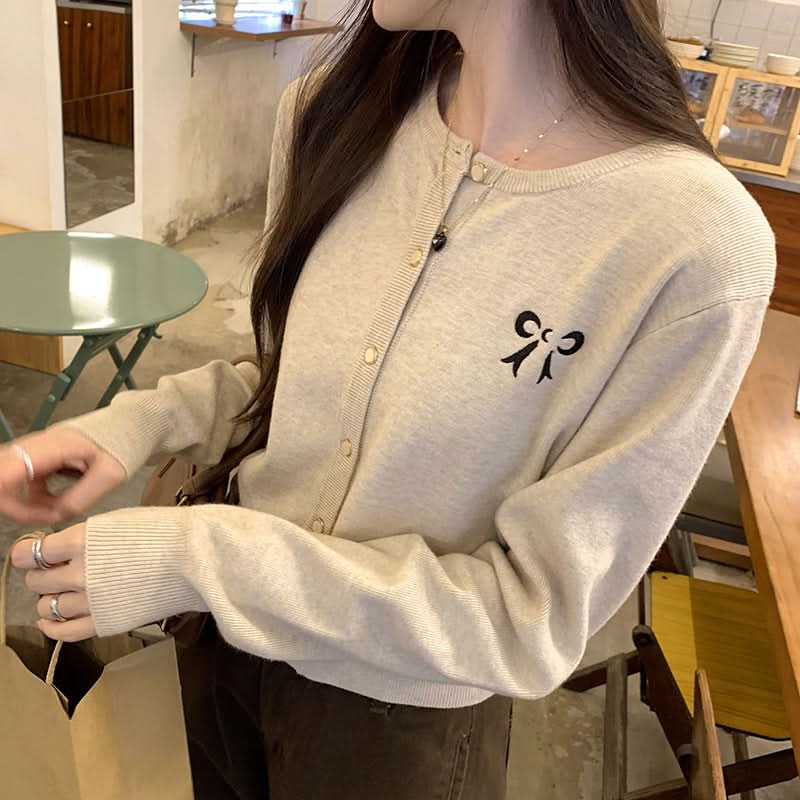 Damen Strickjacke mit Schmetterlingsstickerei, lockerer Strickpullover-Mantel, kurzes Chiffon-Top