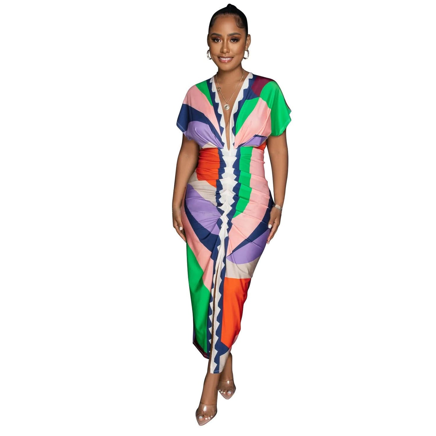 Fashion Women's V-neck Printed Pleated Split Long Dress
