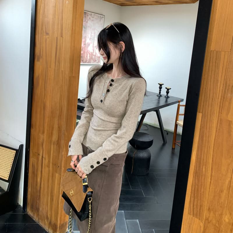 Damen Henley-Neck Strickpullover, schmal geschnittenes Langarm-Oberteil