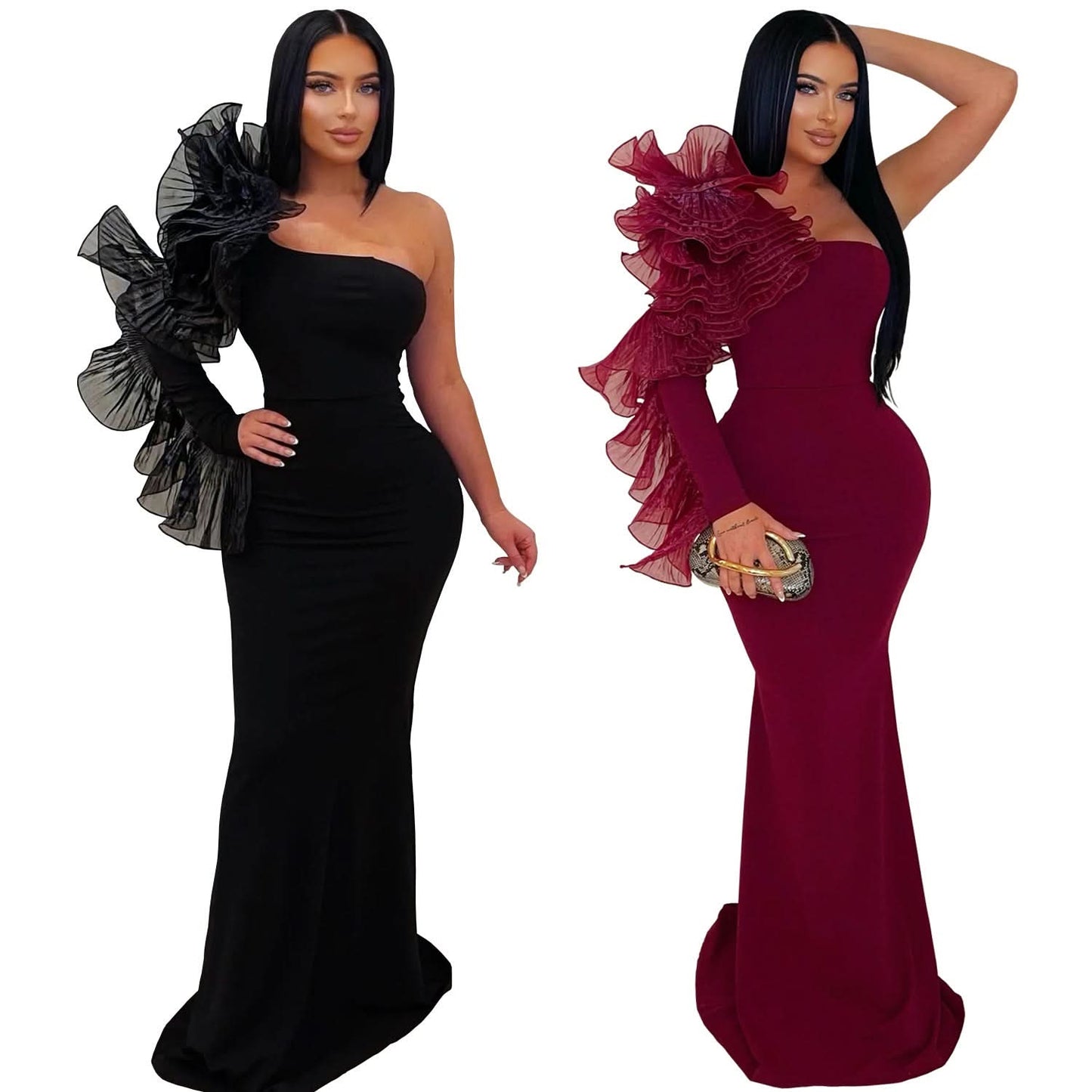 Fashion Elegant Single Ruffle Sleeve Fitted Dress for Women