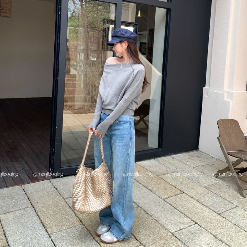Farbig kontrastierendes Strickoberteil für Damen mit Schulterausschnitt und langen Ärmeln, trendiges, schmales Off-Shoulder-Oberteil