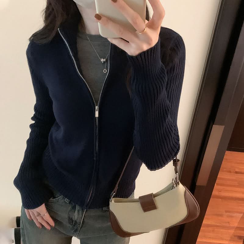 Simple High Neck Knit Cardigan Top for Women,Versatile, Slim Fit, Zipper Sweater Coat