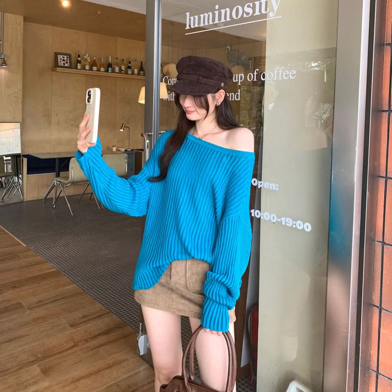 Ribbed Knit Sweater for Women, Loose Fit Long Sleeve, Casual Oversized Top