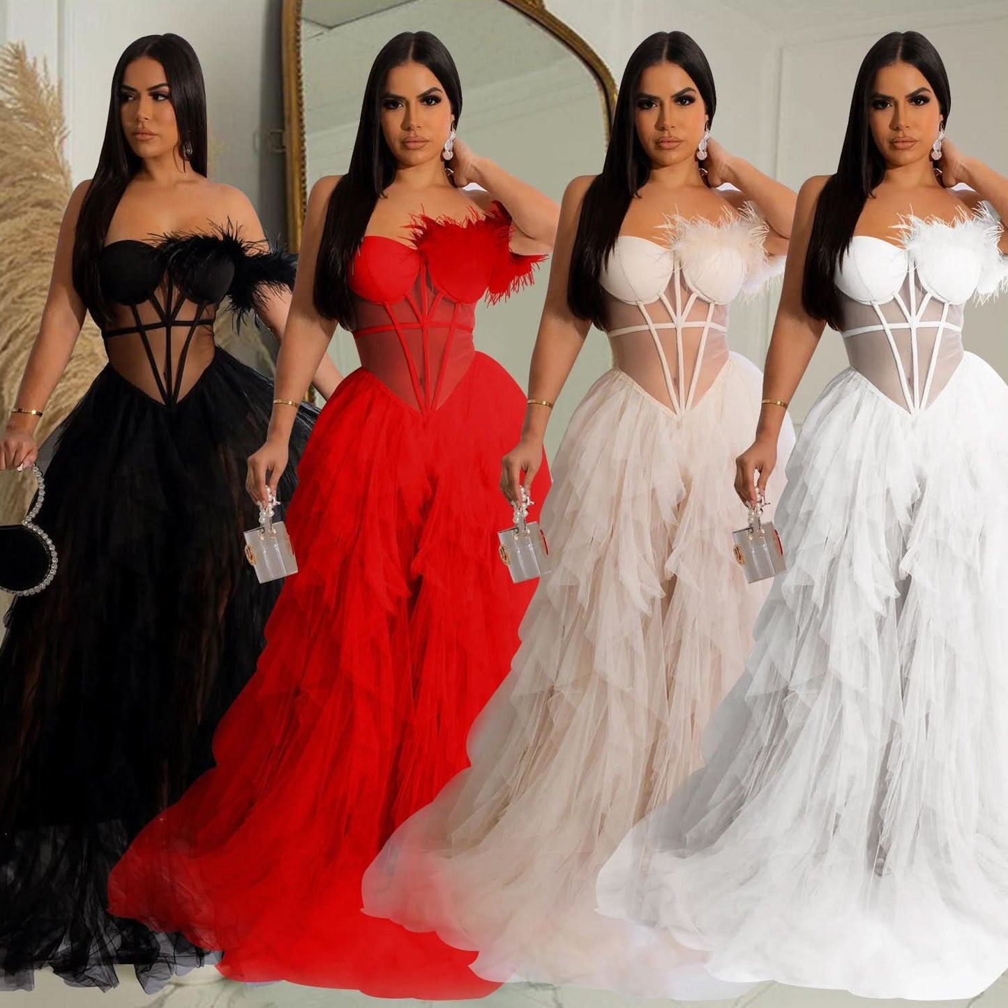 Fashion Women's Solid Color Sleeveless Bustier Mesh Long Dress