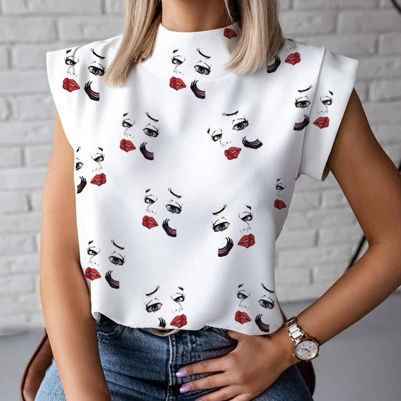 Women Elegant Lips Print Blouse Shirts Summer Casual Stand Neck Pullovers Tops Ladies Fashion Cute Eye Short Sleeve Blusa