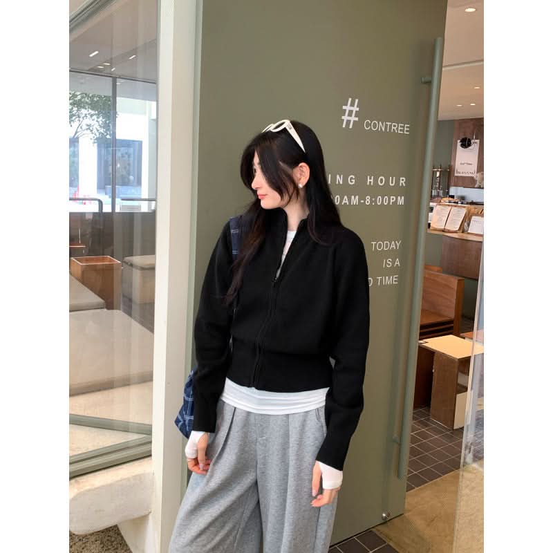 Chic Zippered Knit Cardigan Coat for Women, Long Sleeve, Stand Collar, Short Length