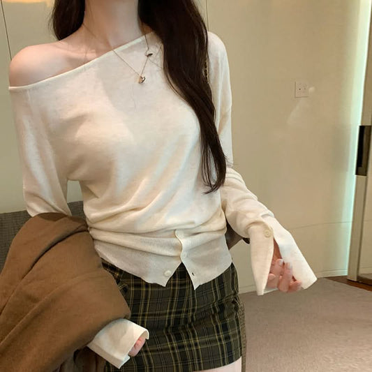 Laid-back Soft Style Off-Shoulder Asymmetrical One-Shoulder Loose Knit Top for Women