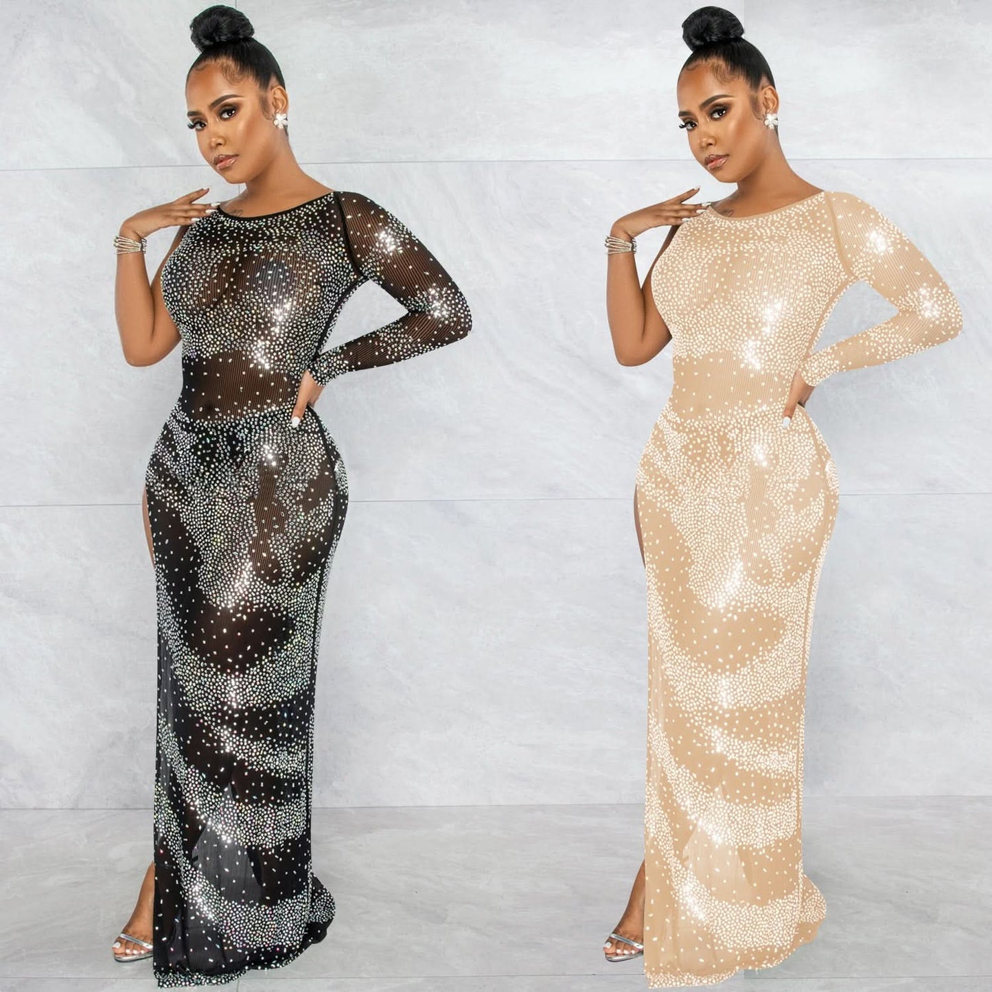 Fashion Sexy Nachtclub Strass Einarm Langarm Unregelmäßiger Schlitz Maxikleid