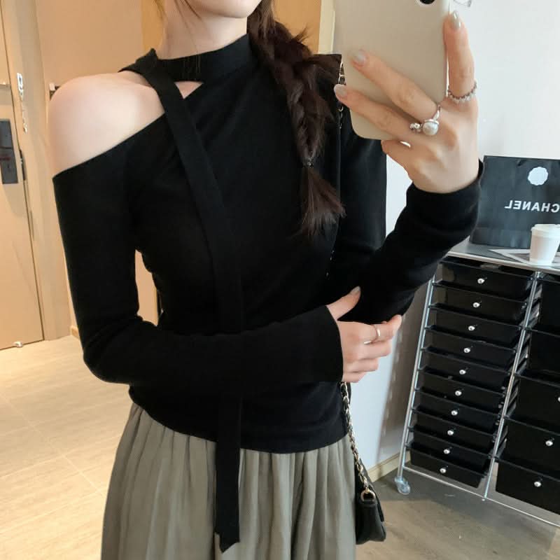 Damen Schnür-Schmetterling Ärmelloses Langarm-T-Shirt, Leichtes Chiffon-Design, Elegantes und figurbetontes Oberteil