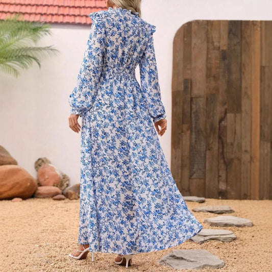 Elegant Women's Belted Long Sleeve Floral Print Dress, Fashion Casual Maxi Dress