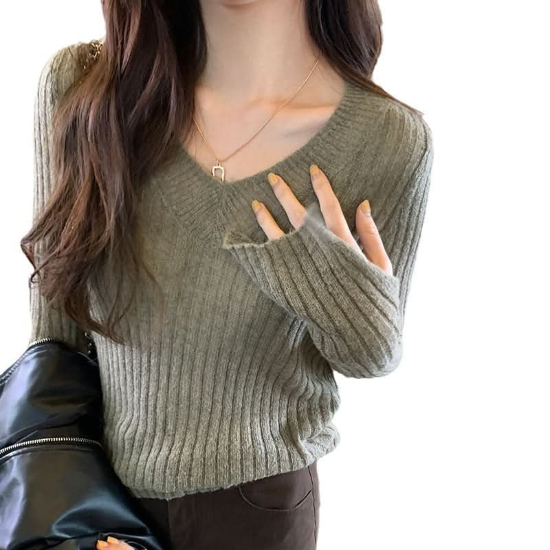Fauler V-Ausschnitt Strickpullover Oberteil für Damen, schmal geschnittener Langarm-Unterziehpulli, vielseitiges Freizeit-Oberteil