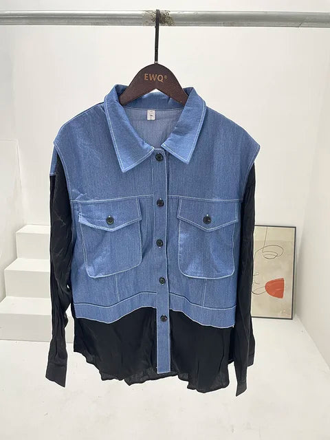 Denim Spliced Shirt For Women Fake Two-piece Contrast Big Size Fashion Long Sleeve Blusas  Autumn New Tide Female Top
