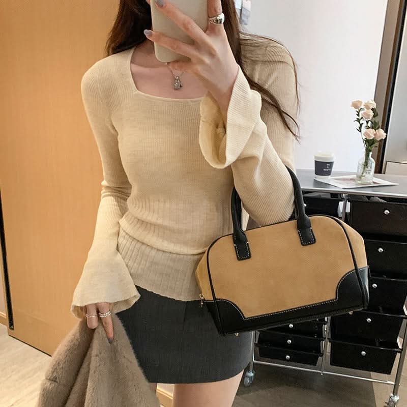 Unique Square Neck Flared Long Sleeve Fitted Knit Top for Women Slim Fit Upper Wear