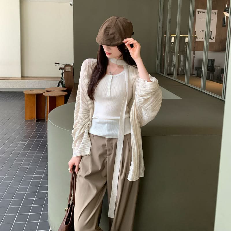 Loose Lazy Atmosphere Outfit Apricot Long Sleeve Knit Cardigan Coat for Women